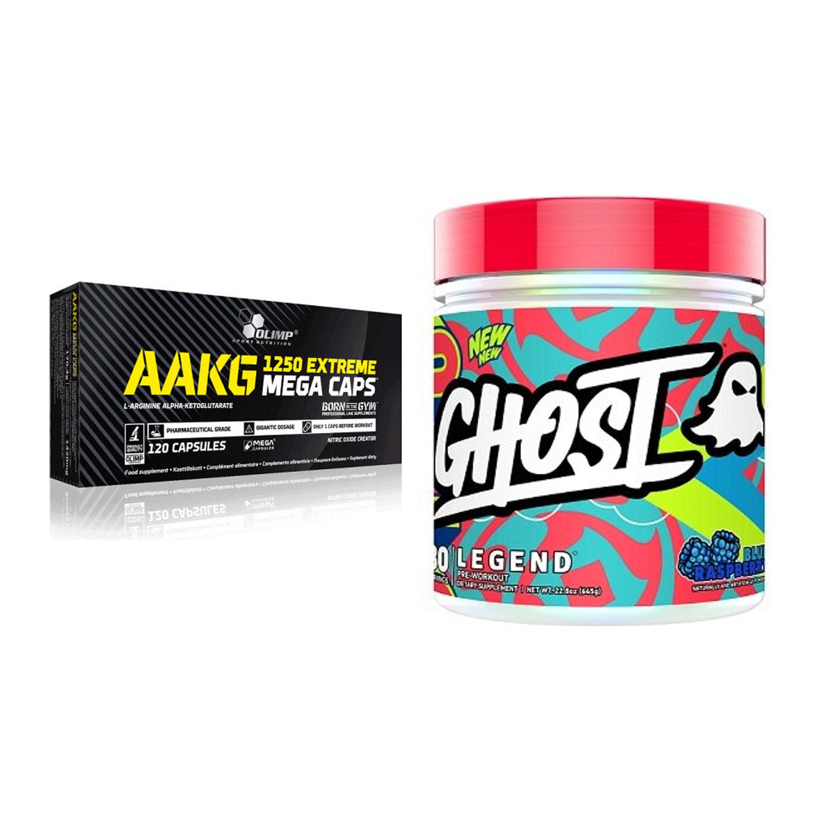 Pump-Set: Olimp AAKG Extreme Mega Caps + Ghost Legend V4 30 Serv. – alle enthaltenen Artikel