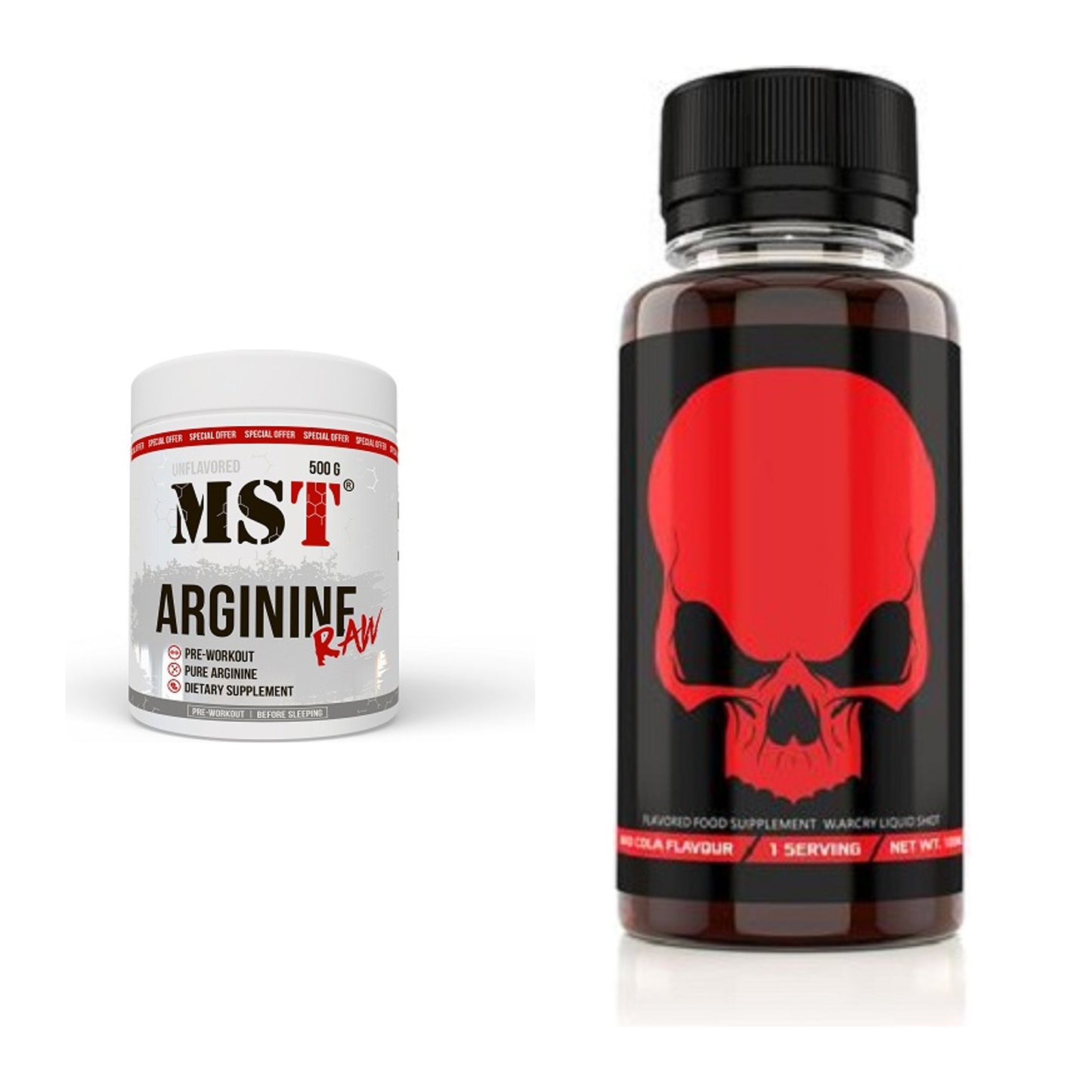 Pump-Set: MST Arginine RAW + Genius Nutrition Warcry Liquid – alle enthaltenen Artikel