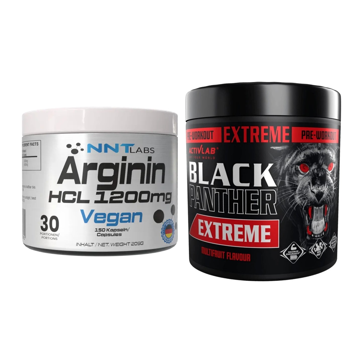 Pump-Set: NNT Arginin HCL 1200 mg + Activlab Black Panther EXTREME – alle enthaltenen Artikel
