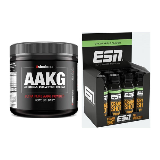 Zestaw pompek: Sinob Core Arginine AAKG + ESN Crank Pump Shot 12x 95ml – wszystkie elementy w zestawie
