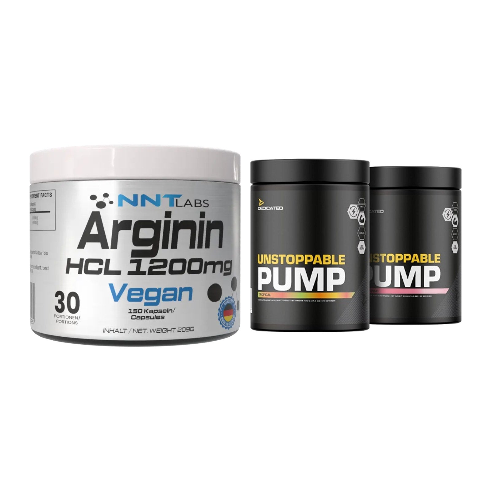 Pump-Set: NNT Arginin HCL 1200 mg + Dedicated Unstoppable Pump – alle enthaltenen Artikel