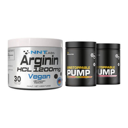 Pump-Set: NNT Arginin HCL 1200 mg + Dedicated Unstoppable Pump – alle enthaltenen Artikel