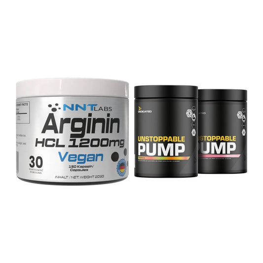 Pump-Set: NNT Arginin HCL 1200 mg + Dedicated Unstoppable Pump – alle enthaltenen Artikel