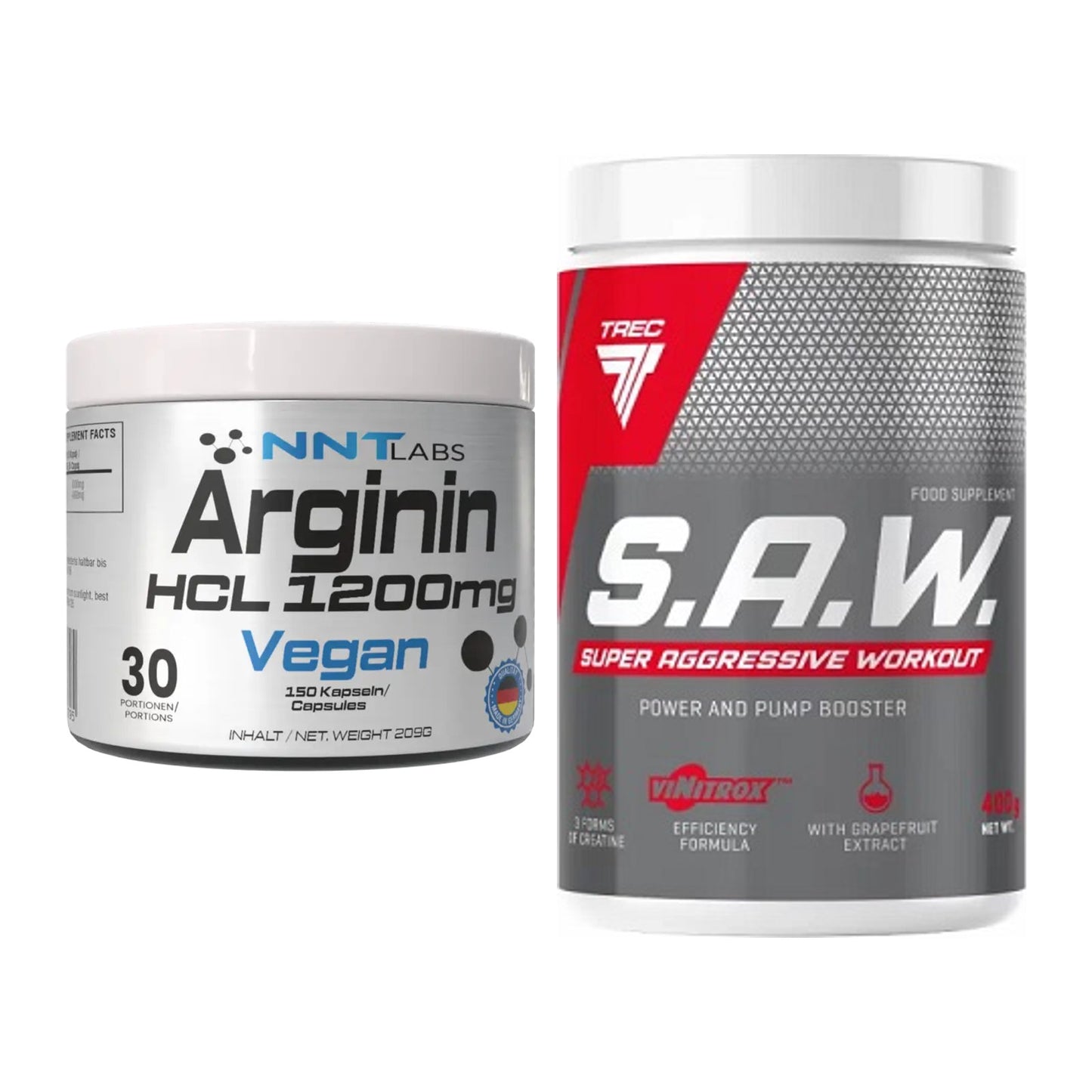 Pump-Set: NNT Arginin HCL 1200 mg + Trec Nutrition SAW Booster – alle enthaltenen Artikel