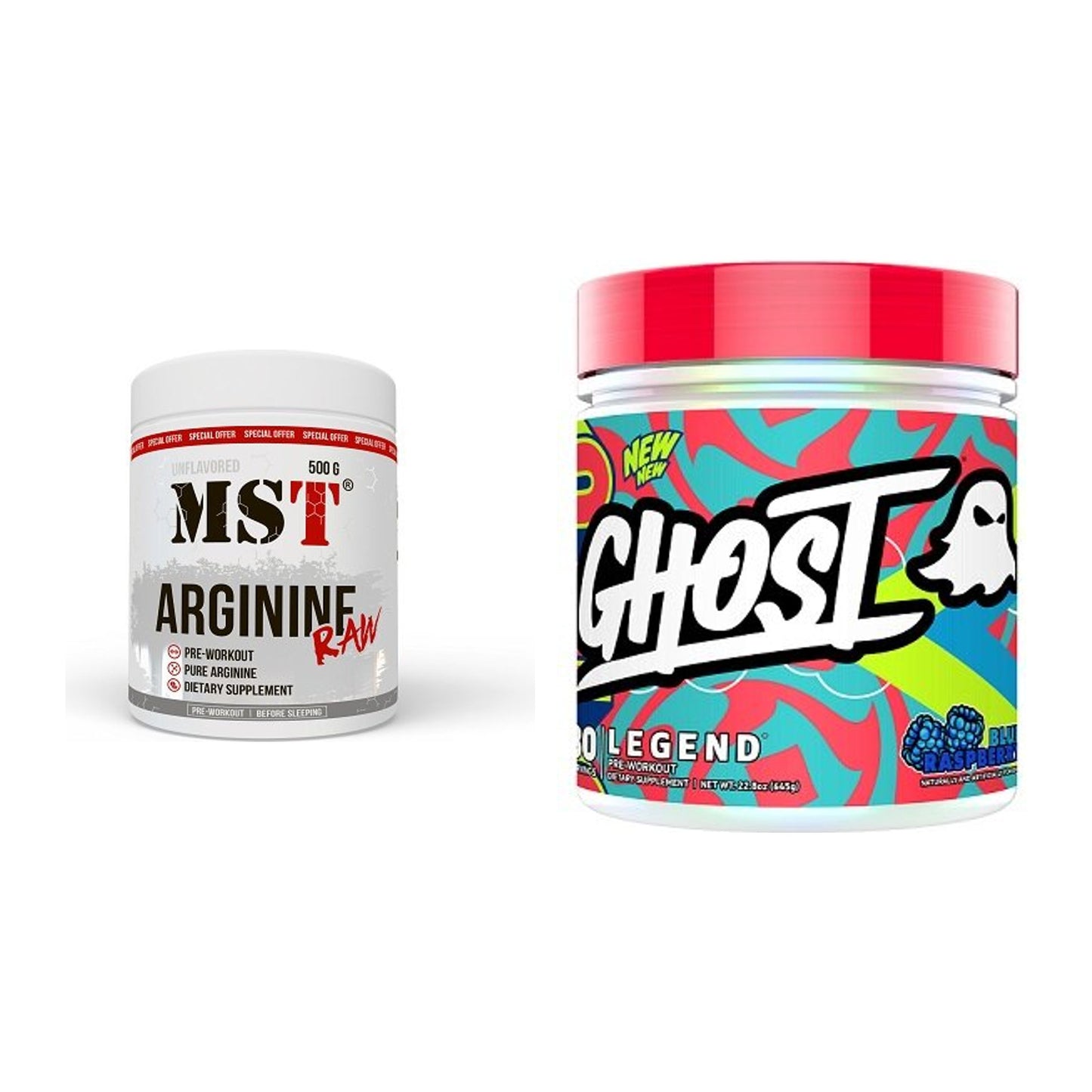 Pump-Set: MST Arginine RAW + Ghost Legend V4 30 Serv. 645g – alle enthaltenen Artikel