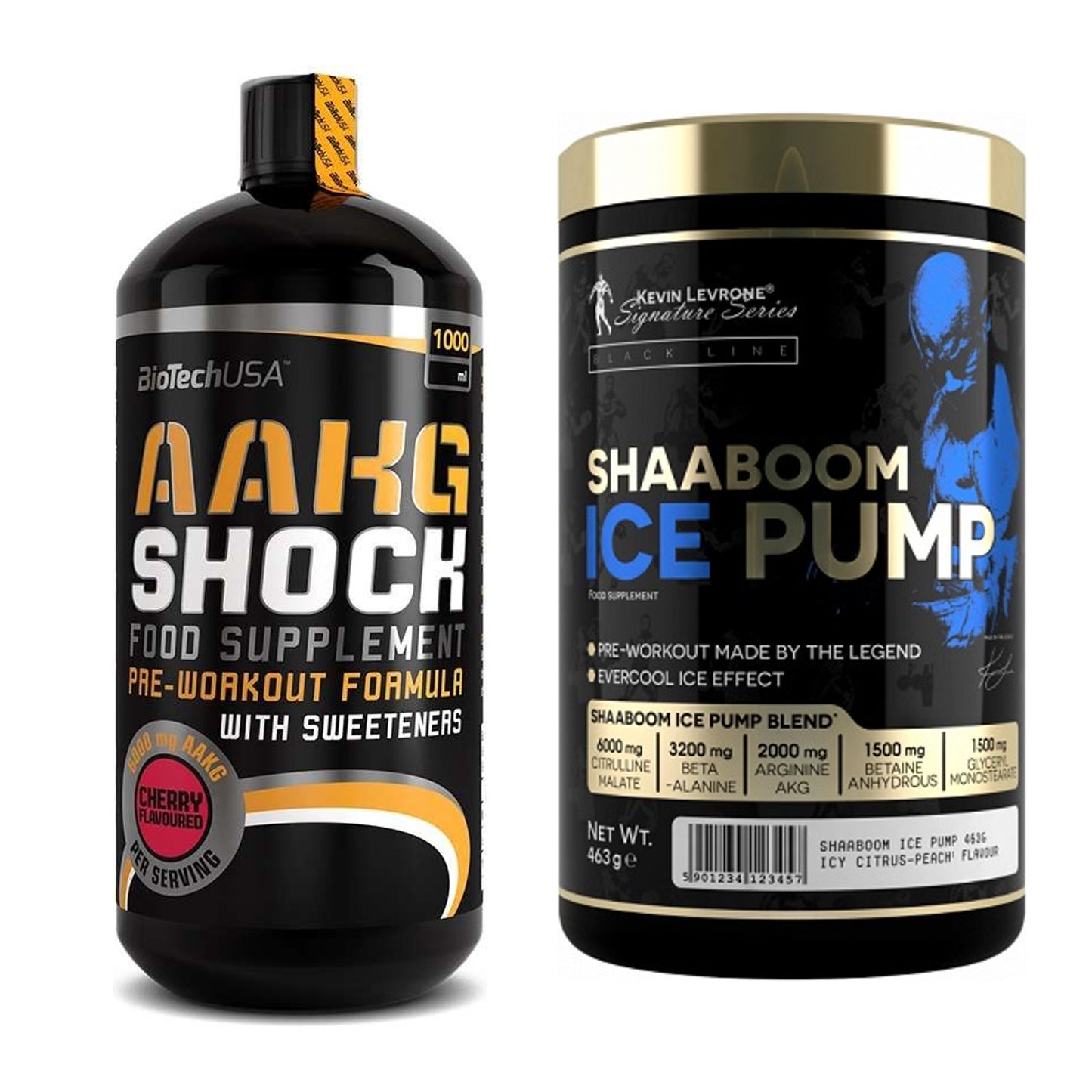 Pump-Set: BioTech AAKG Shock Extreme + Kevin Levrone Shaaboom Ice Pump – alle enthaltenen Artikel