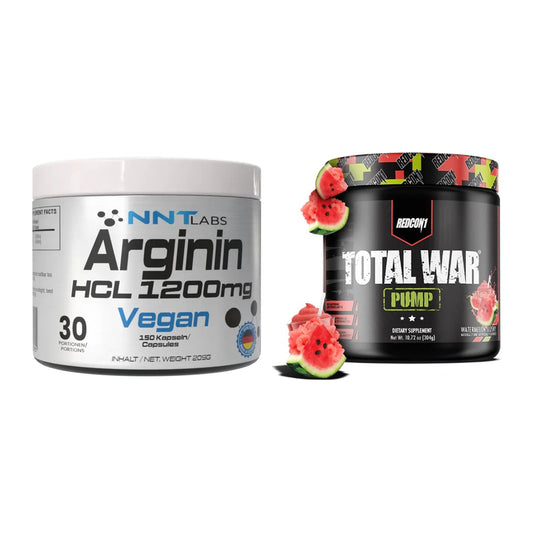 Pump-Set: NNT Arginin HCL 1200 mg + Redcon1 Total War PUMP – alle enthaltenen Artikel