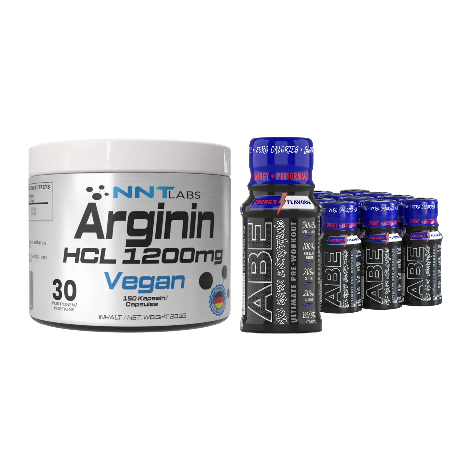 Pump-Set: NNT Arginin HCL 1200 mg + Applied ABE Pre-Workout SHOTS – alle enthaltenen Artikel