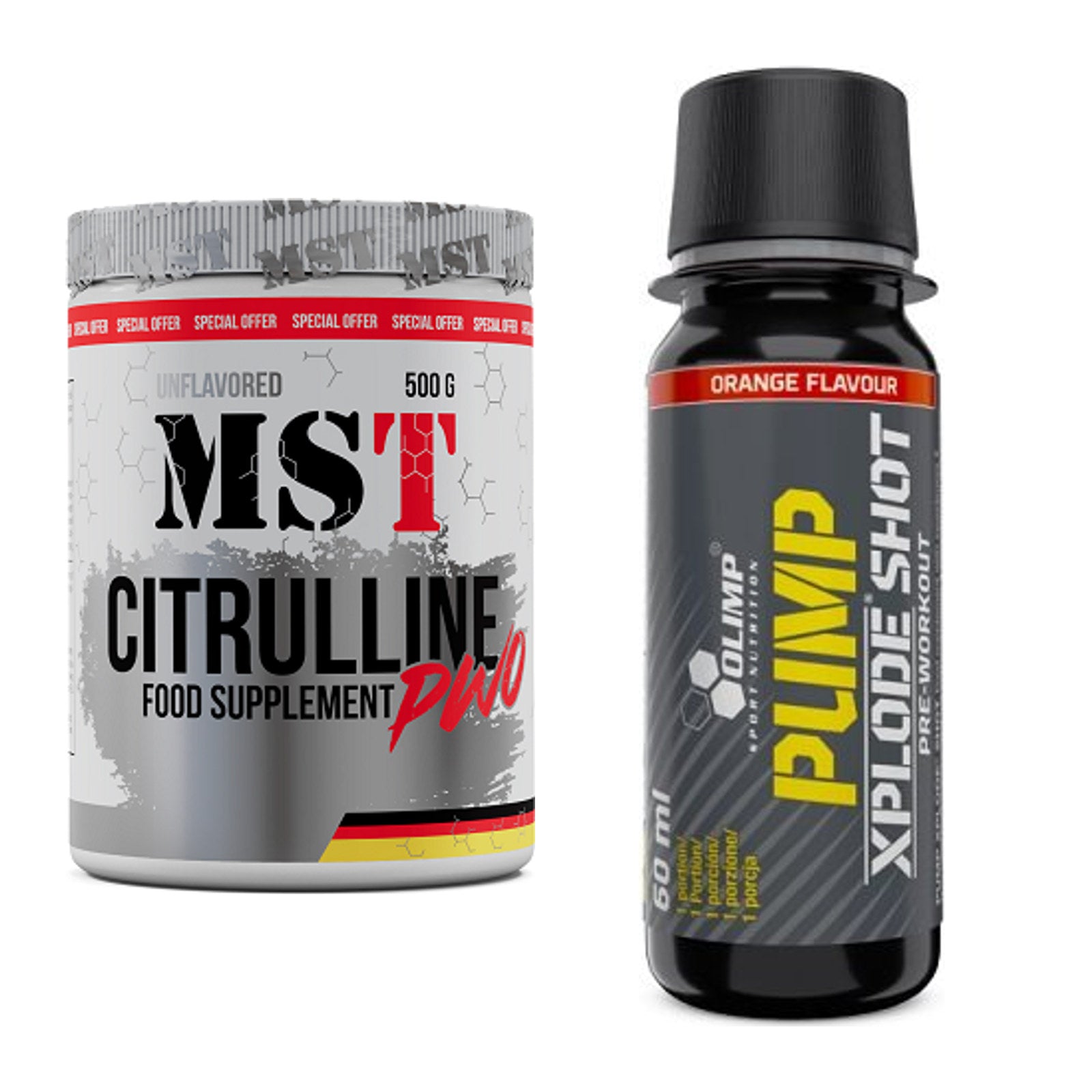 Pump-Set: MST Citrulline Malat 500g + Olimp Pump Xplode Shot 9x60ml – alle enthaltenen Artikel