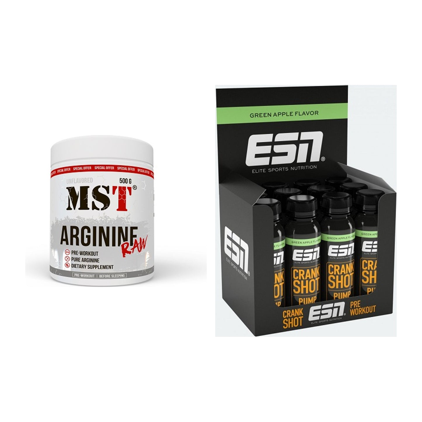 Pump-Set: MST Arginine RAW + ESN Crank Pump Shot – alle enthaltenen Artikel