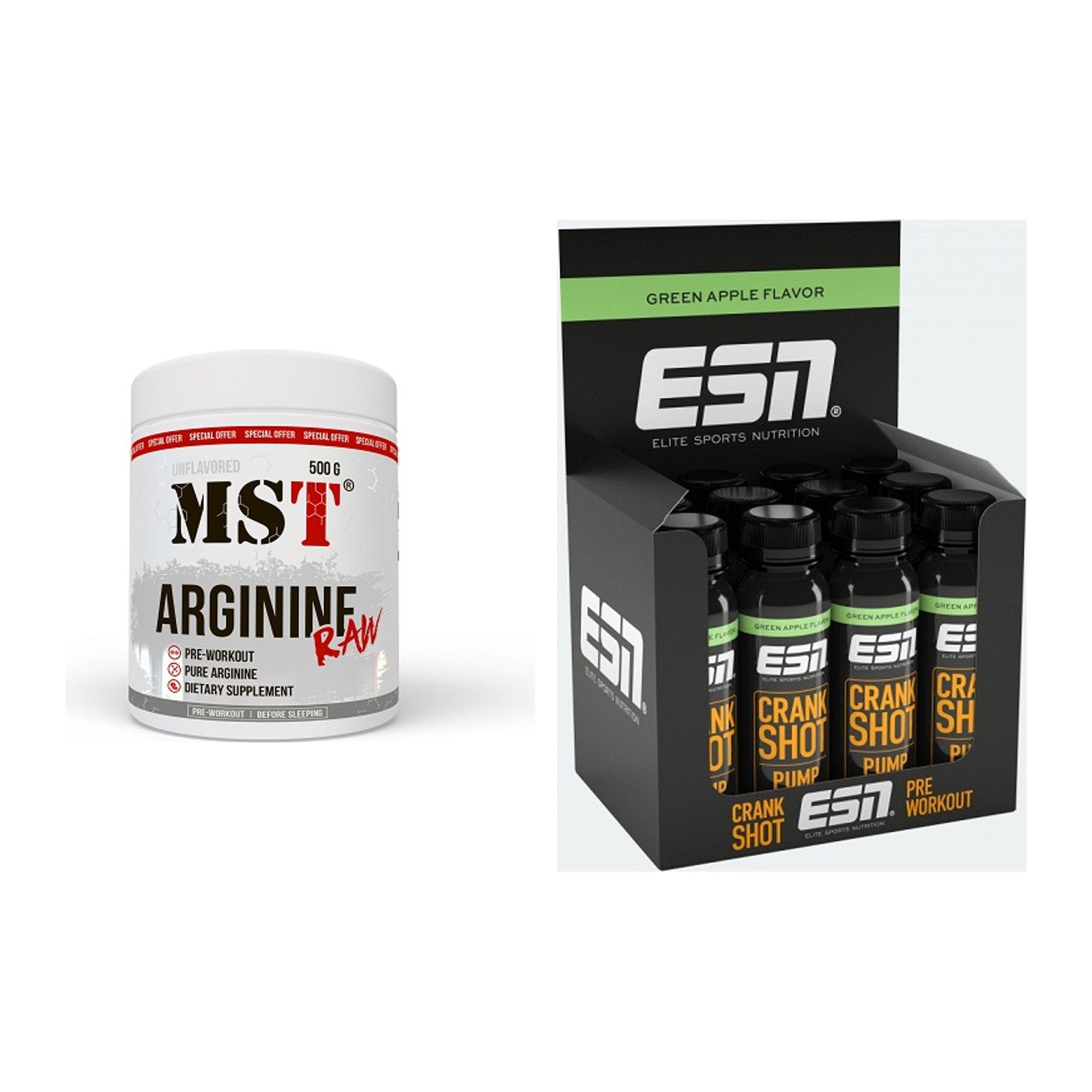Pump-Set: MST Arginine RAW + ESN Crank Pump Shot – alle enthaltenen Artikel