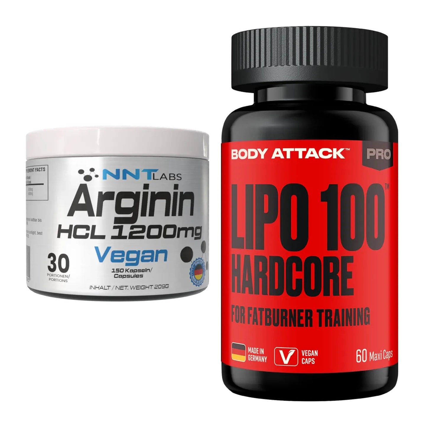 Pump-Set: NNT Arginin HCL 1200 mg + Body Attack LIPO 100-HARDCORE – alle enthaltenen Artikel