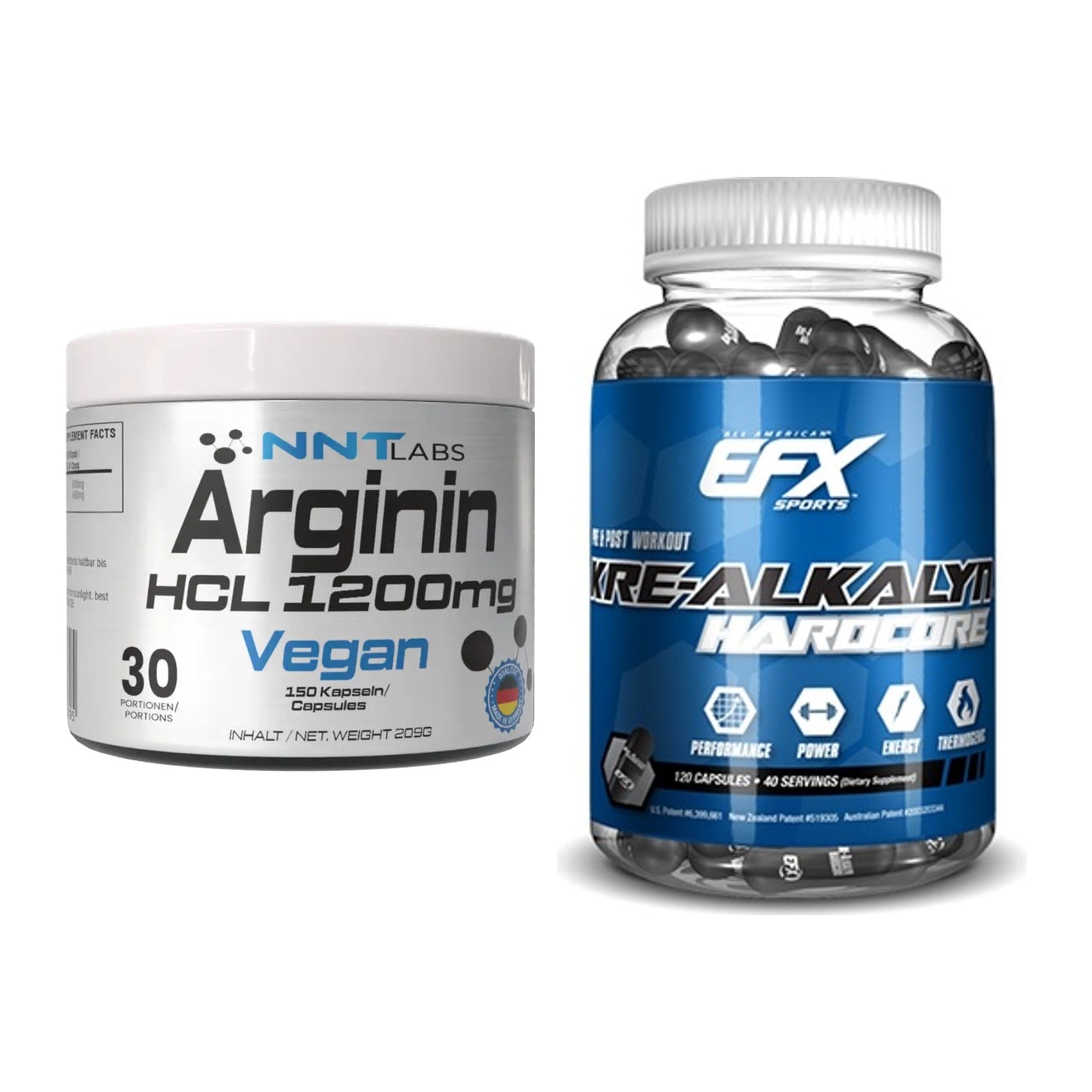 Pump-Set: NNT Arginin HCL 1200 mg + EFX Kre-Alkalyn Hardcore – alle enthaltenen Artikel
