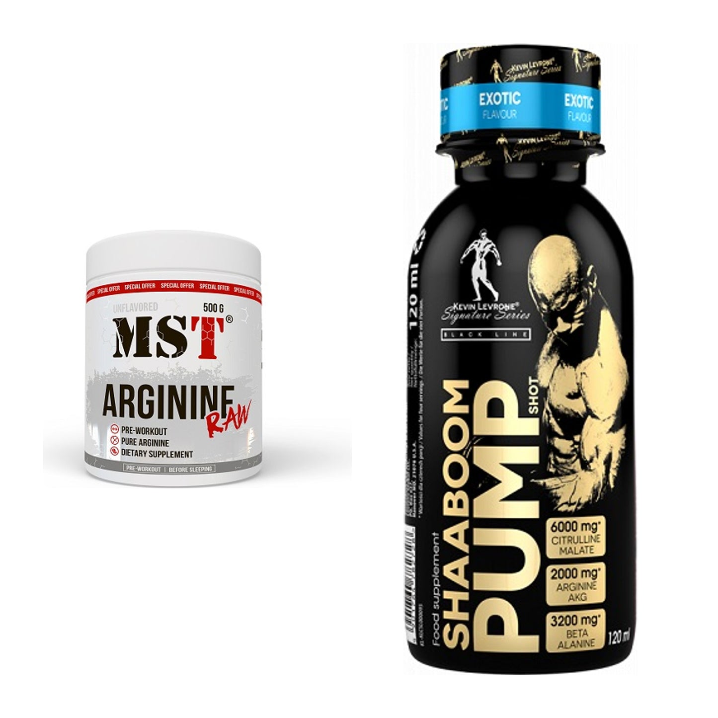 Pump-Set: MST Arginine RAW + Kevin Levrone Shaaboom Pump Shot – alle enthaltenen Artikel