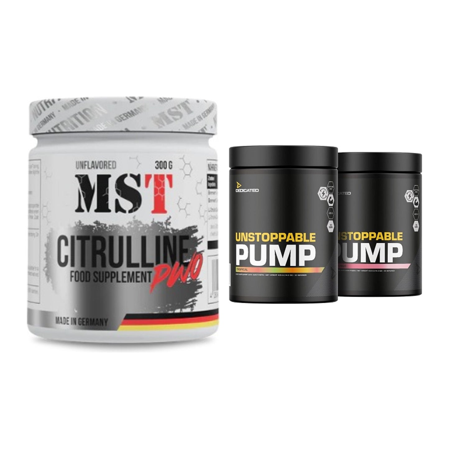 Pump-Set: MST Citrulline Malat 300g + Dedicated Unstoppable Pump – alle enthaltenen Artikel
