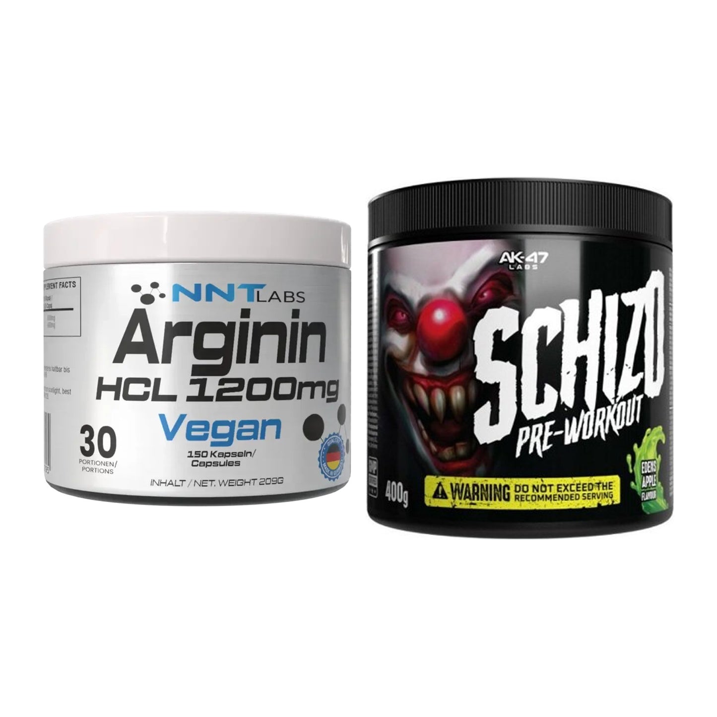 Pump-Set: NNT Arginin HCL 1200 mg + AK47 Labs Schizo Pre-Workout 400g – alle enthaltenen Artikel