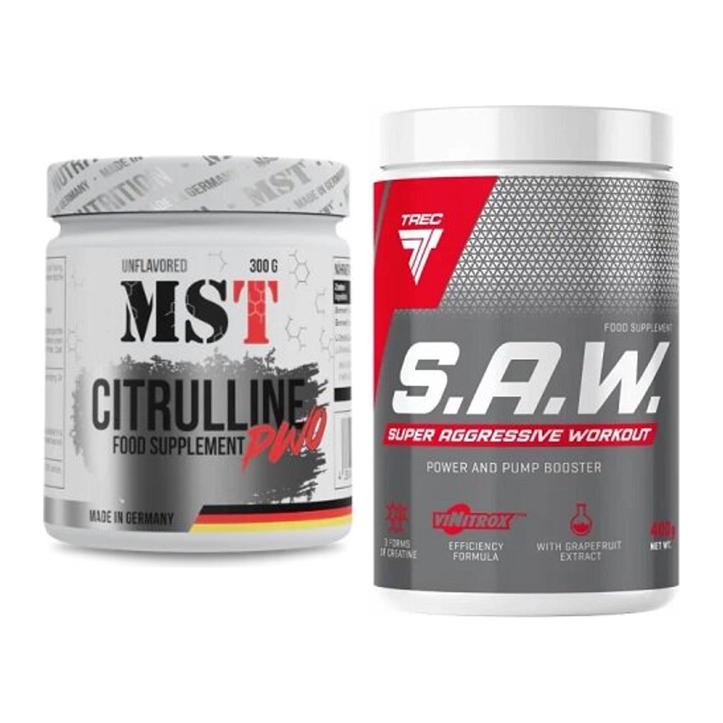 Pump-Set: MST Citrulline Malat 300g + Trec Nutrition SAW Booster 400g – alle enthaltenen Artikel