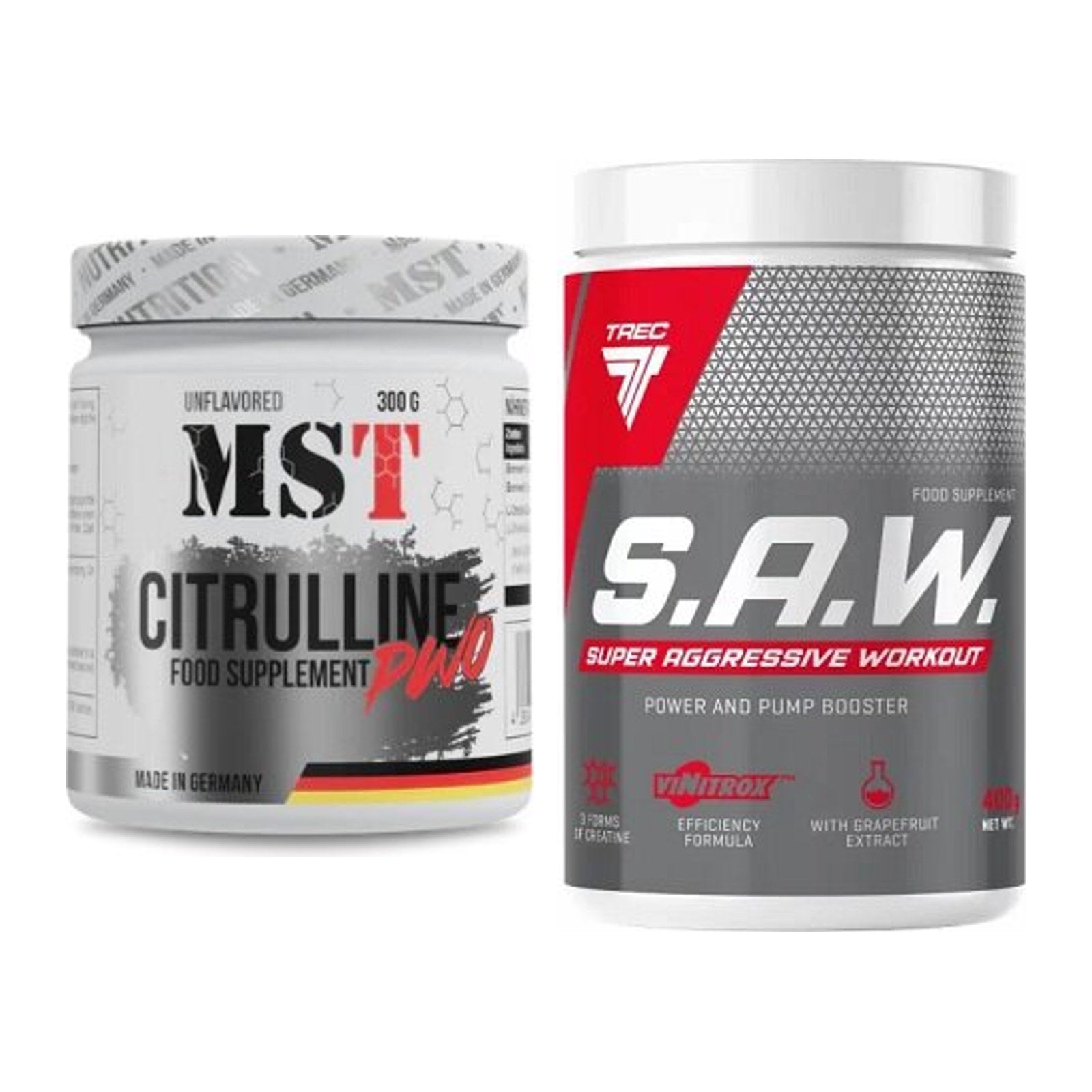 Pump-Set: MST Citrulline Malat 300g + Trec Nutrition SAW Booster 400g – alle enthaltenen Artikel