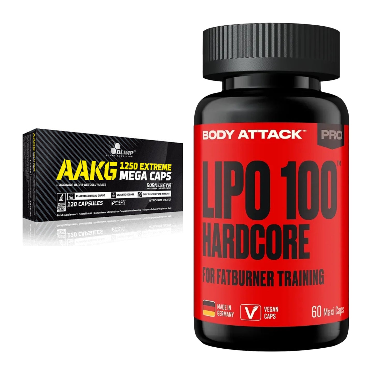 Pump-Set: Olimp AAKG Extreme Mega Caps + Body Attack LIPO 100-HARDCORE – alle enthaltenen Artikel