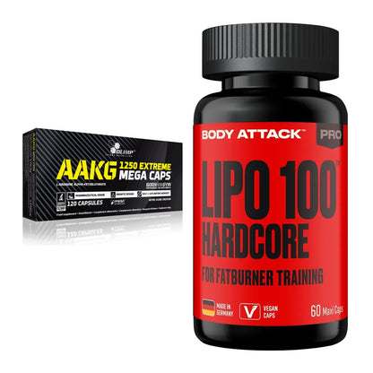 Pump-Set: Olimp AAKG Extreme Mega Caps + Body Attack LIPO 100-HARDCORE – alle enthaltenen Artikel