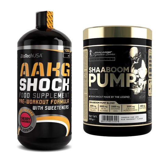 Pump-Set: BioTech AAKG Shock Extreme + Kevin Levrone Shaaboom Pump – alle enthaltenen Artikel
