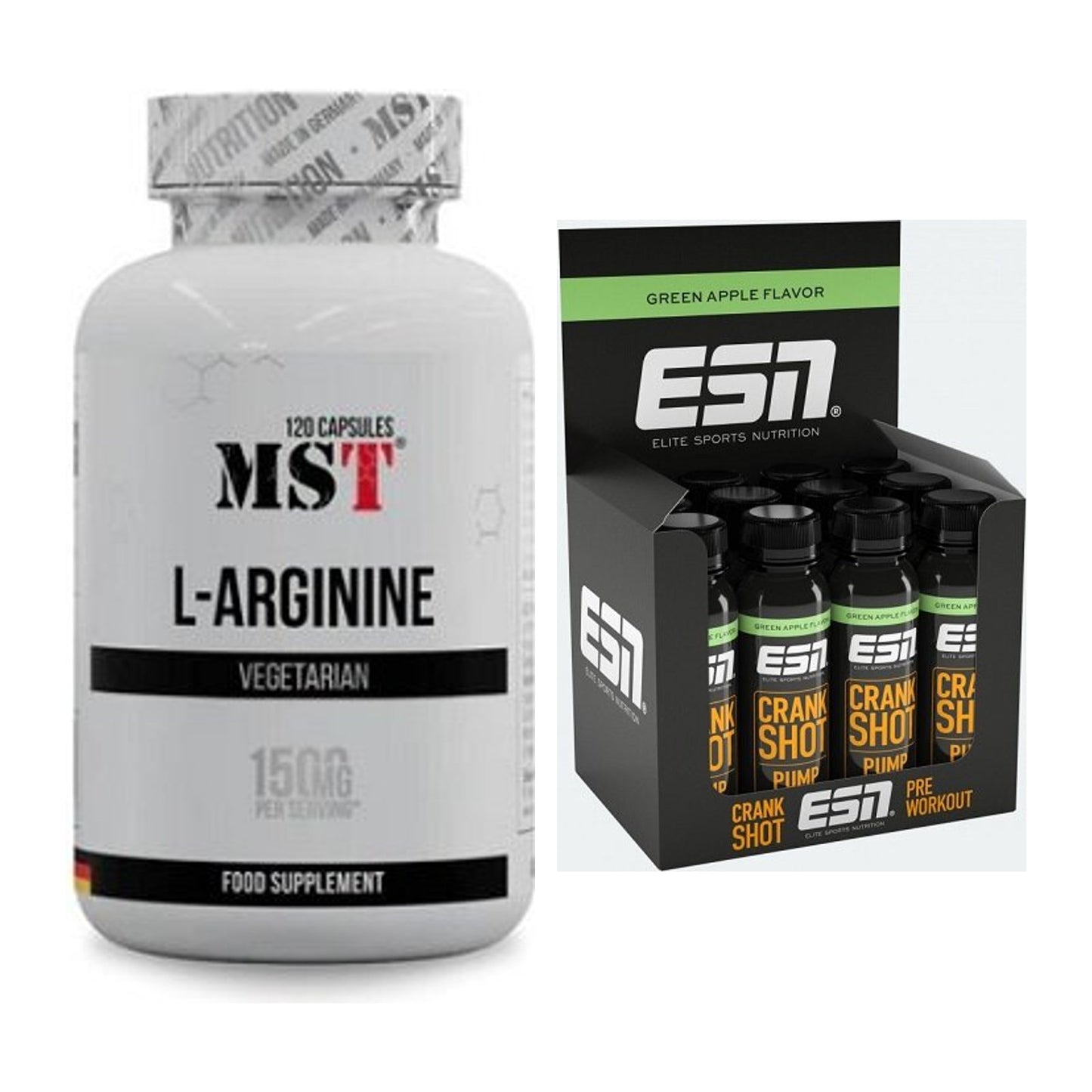 Pump-Set: MST L-Arginine 120 Kaps. + ESN Crank Pump Shot 12x 95ml – alle enthaltenen Artikel