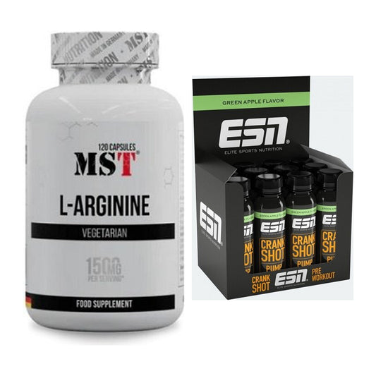 Pump-Set: MST L-Arginine 120 Kaps. + ESN Crank Pump Shot 12x 95ml – alle enthaltenen Artikel
