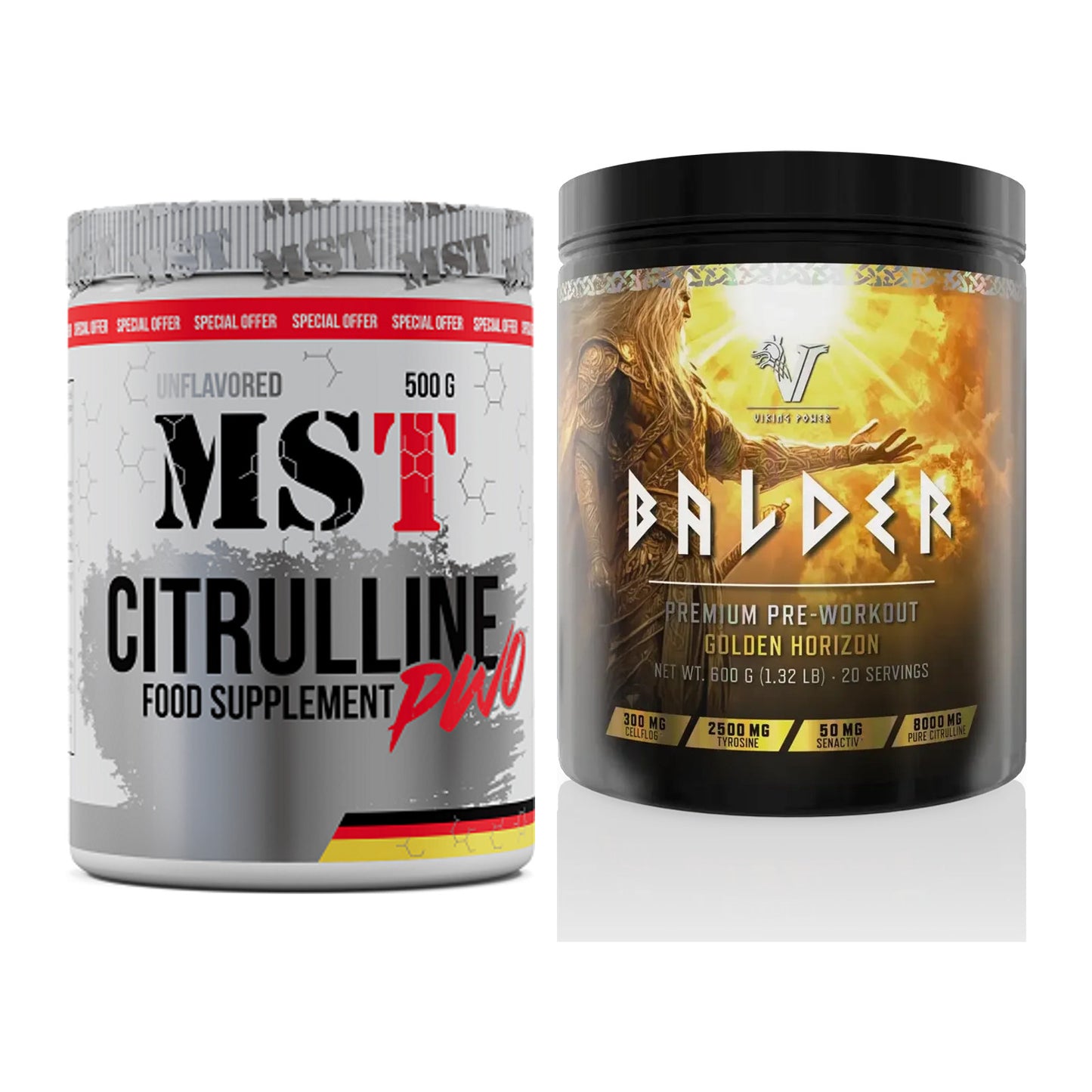 Pump-Set: MST Citrulline Malat 500g + Viking Power Balder PWO 600g – alle enthaltenen Artikel