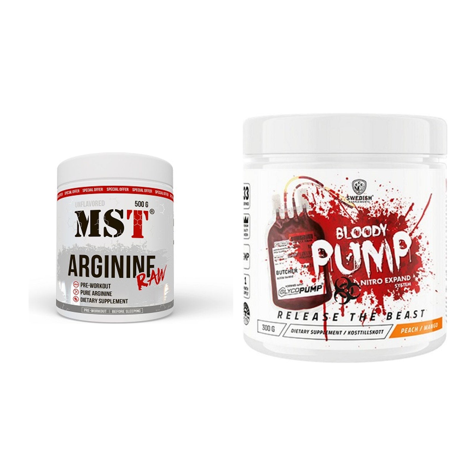 Pump-Set: MST Arginine RAW + Swedish Supplements Bloody Pump – alle enthaltenen Artikel