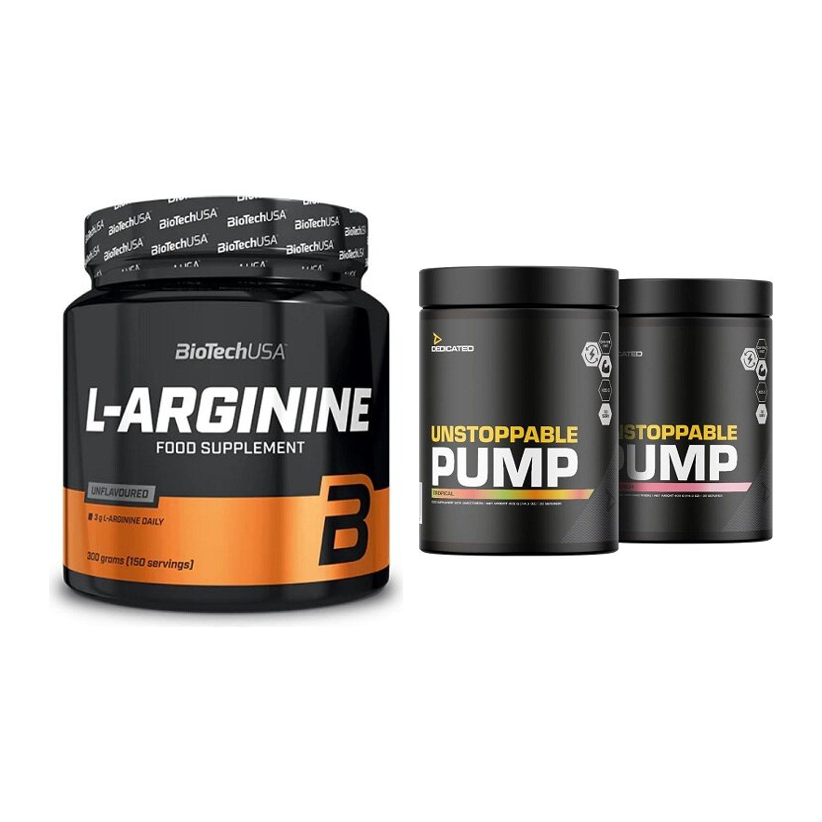 Pump-Set: BioTech L-Arginin + Dedicated Unstoppable Pump 405g – alle enthaltenen Artikel