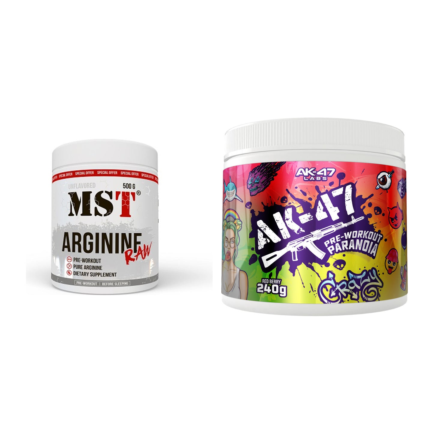 Pump-Set: MST Arginine RAW + AK47 Labs Pre-Workout Paranoia – alle enthaltenen Artikel