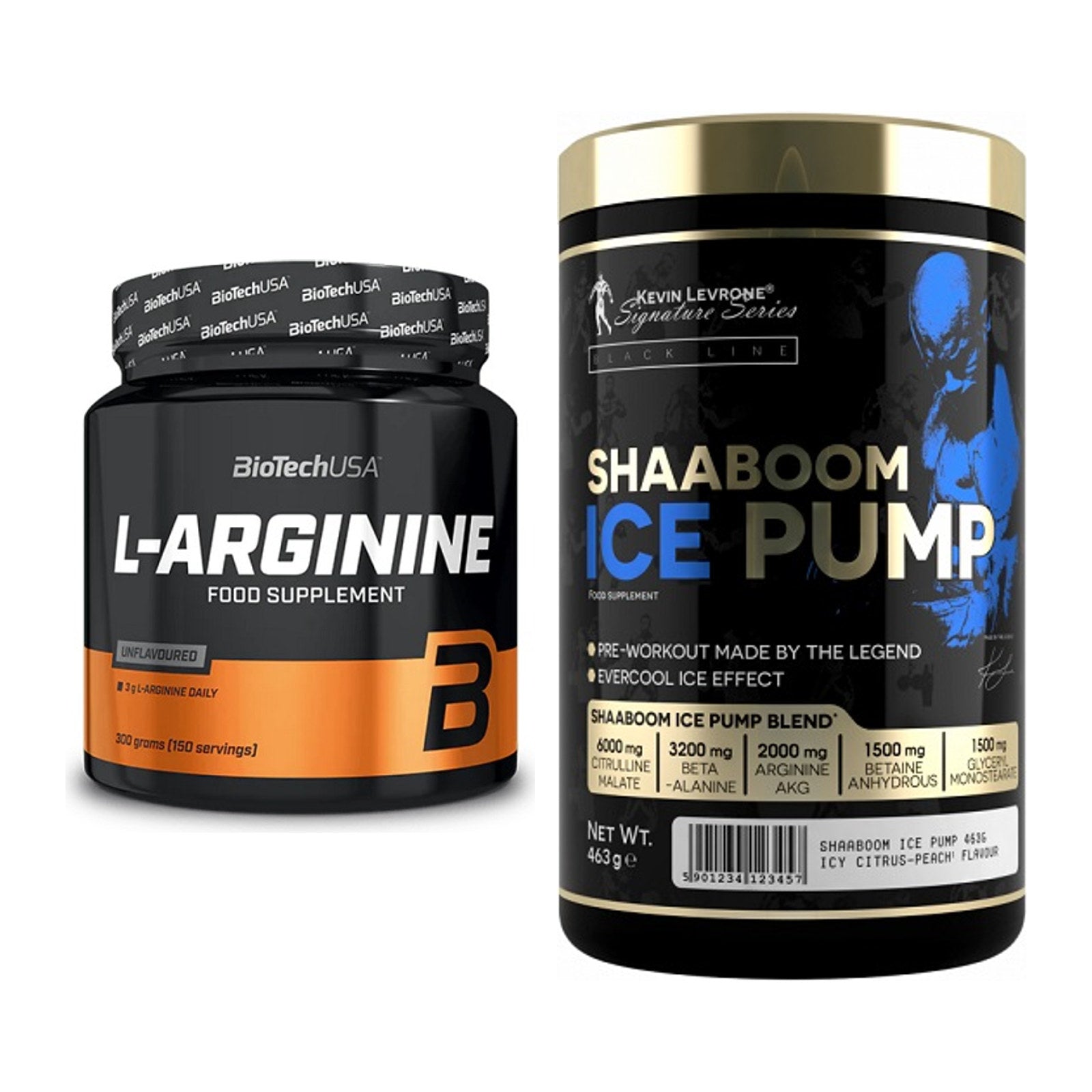 Pump-Set: BioTech L-Arginin + Kevin Levrone Shaaboom Ice Pump – alle enthaltenen Artikel