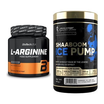 Pump-Set: BioTech L-Arginin + Kevin Levrone Shaaboom Ice Pump – alle enthaltenen Artikel