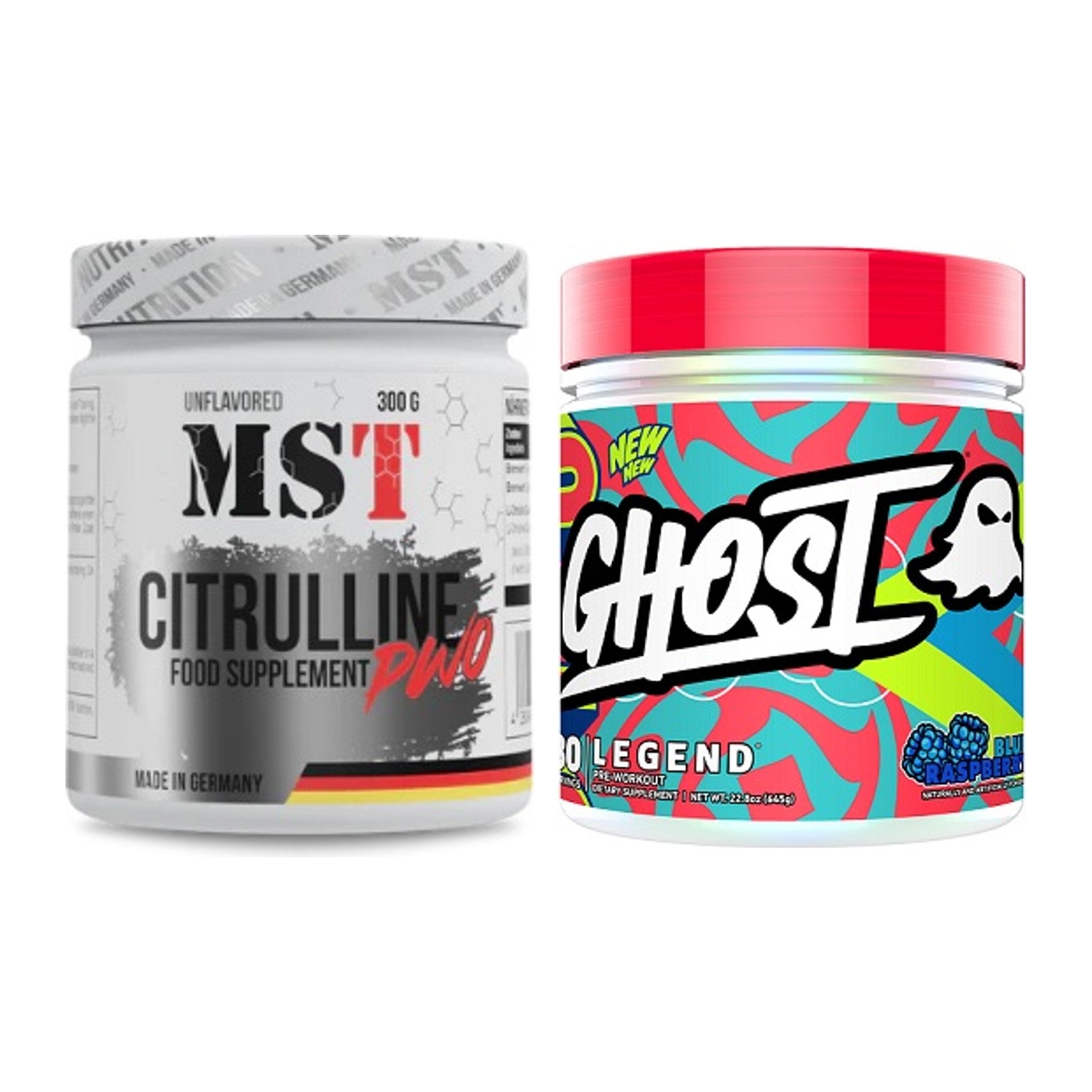 Pump-Set: MST Citrulline Malat 300g + Ghost Legend V4 30 Serv. – alle enthaltenen Artikel