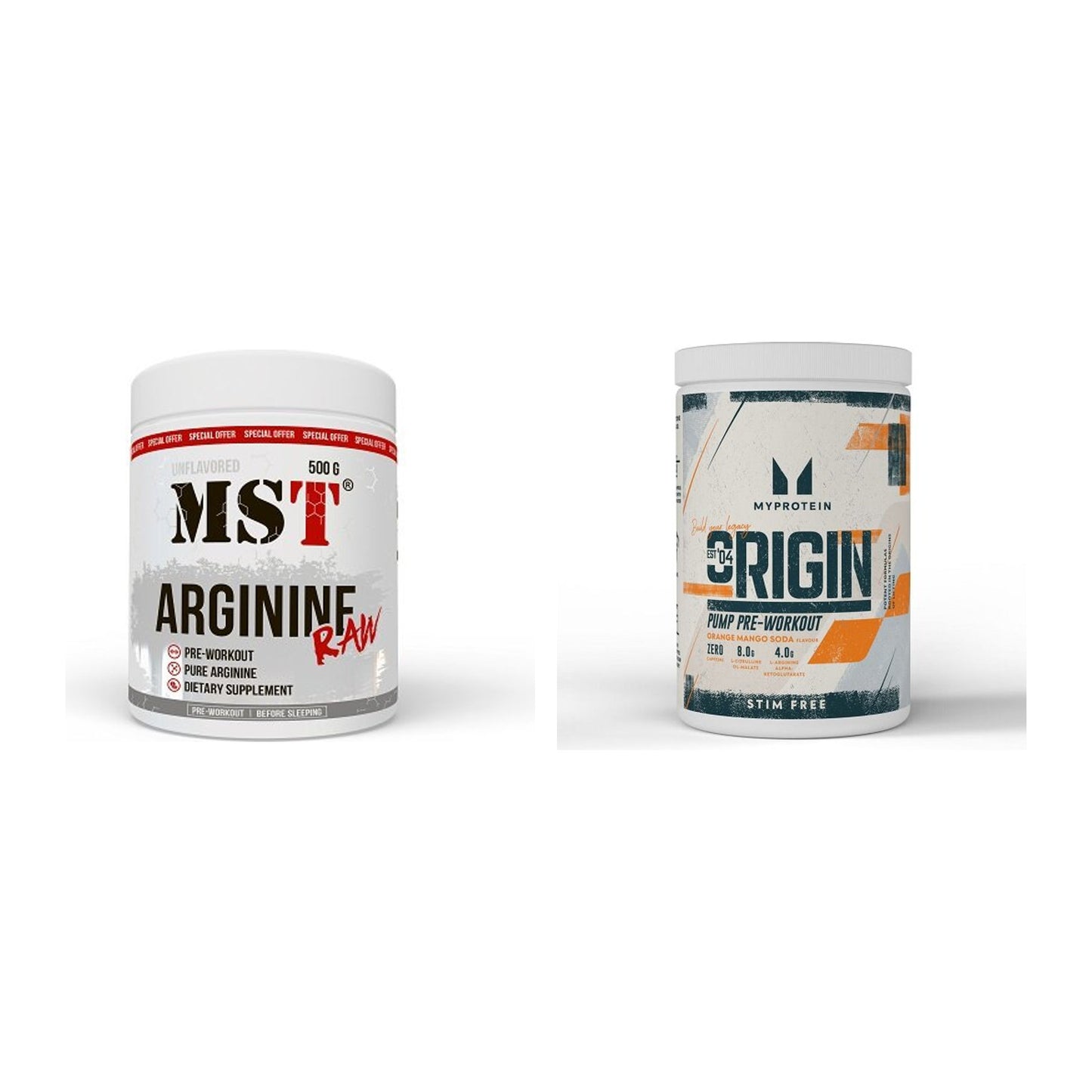 Pump-Set: MST Arginine RAW + MyProtein Origin Pump Pre-Workout – alle enthaltenen Artikel