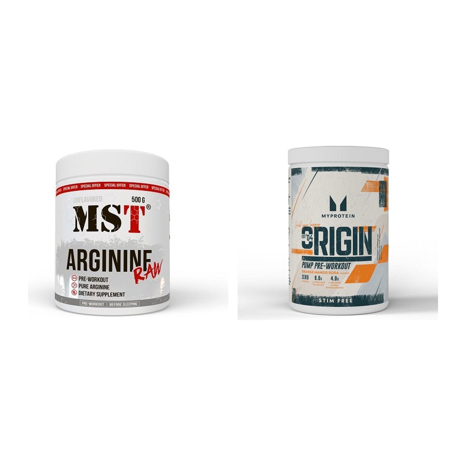 Pump-Set: MST Arginine RAW + MyProtein Origin Pump Pre-Workout – alle enthaltenen Artikel