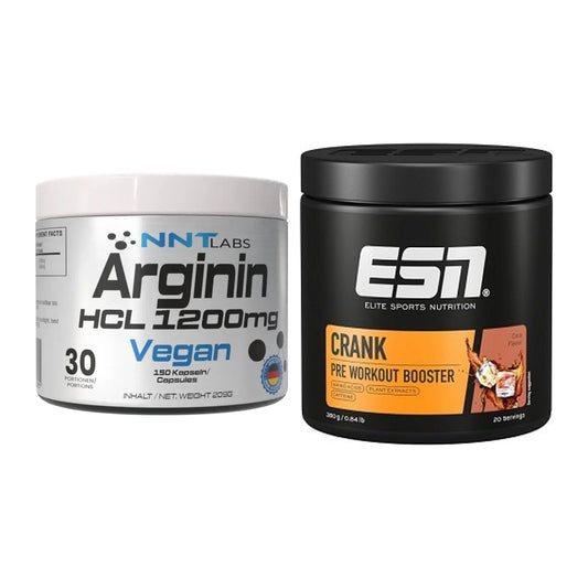 Pump-Set: NNT Arginin HCL 1200 mg + ESN Crank Booster 380g – alle enthaltenen Artikel