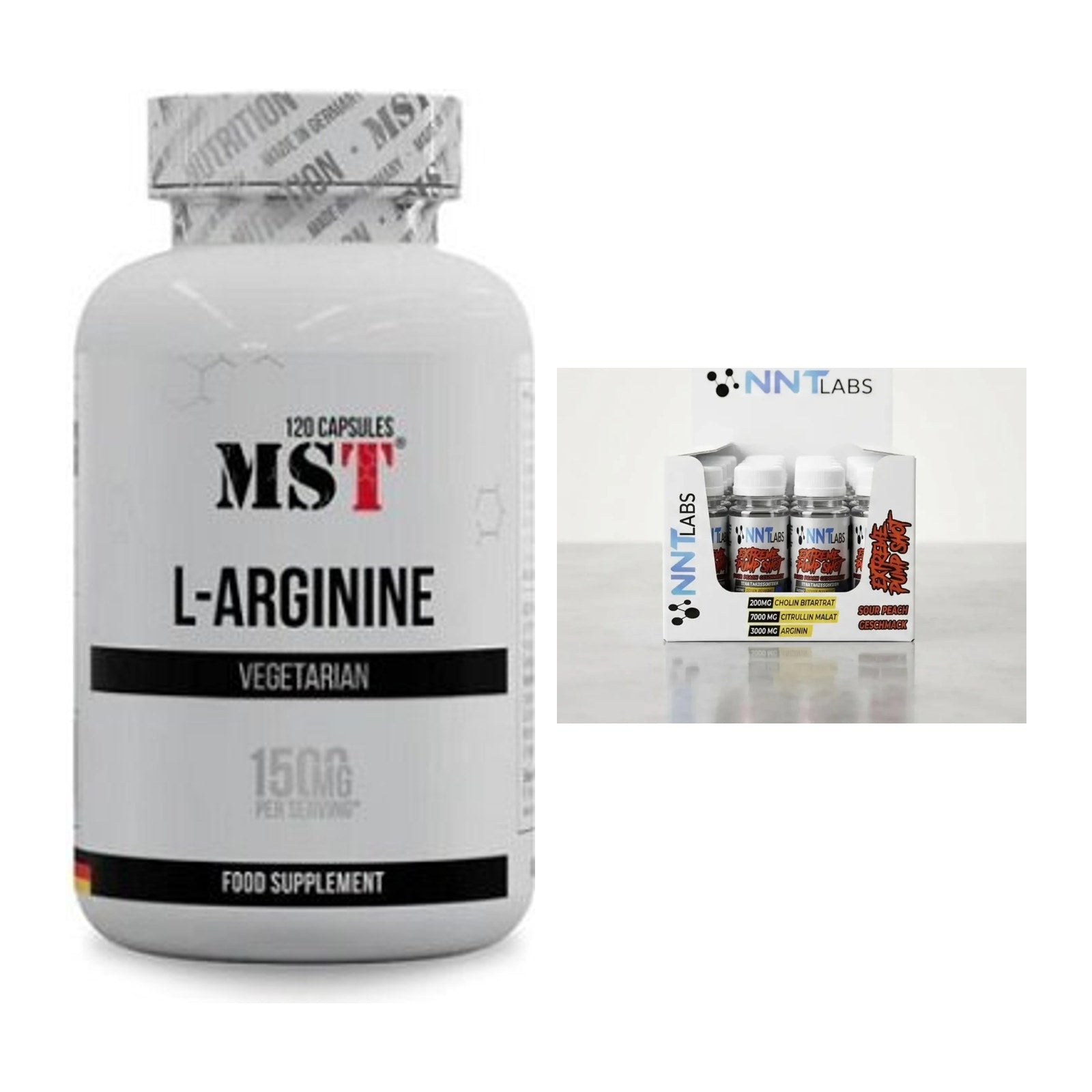 Pump-Set: MST L-Arginine 120 Kaps. + NNT Extreme Pump Shot 20x60ml – alle enthaltenen Artikel