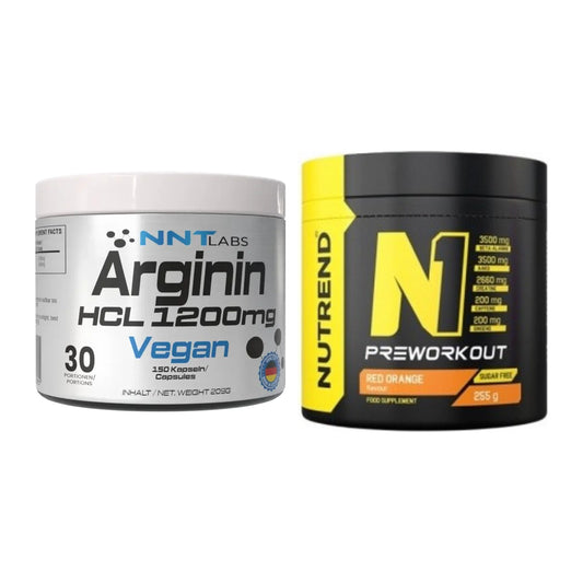 Pump-Set: NNT Arginin HCL 1200 mg + Nutrend N1 Preworkout 255g NEU – alle enthaltenen Artikel