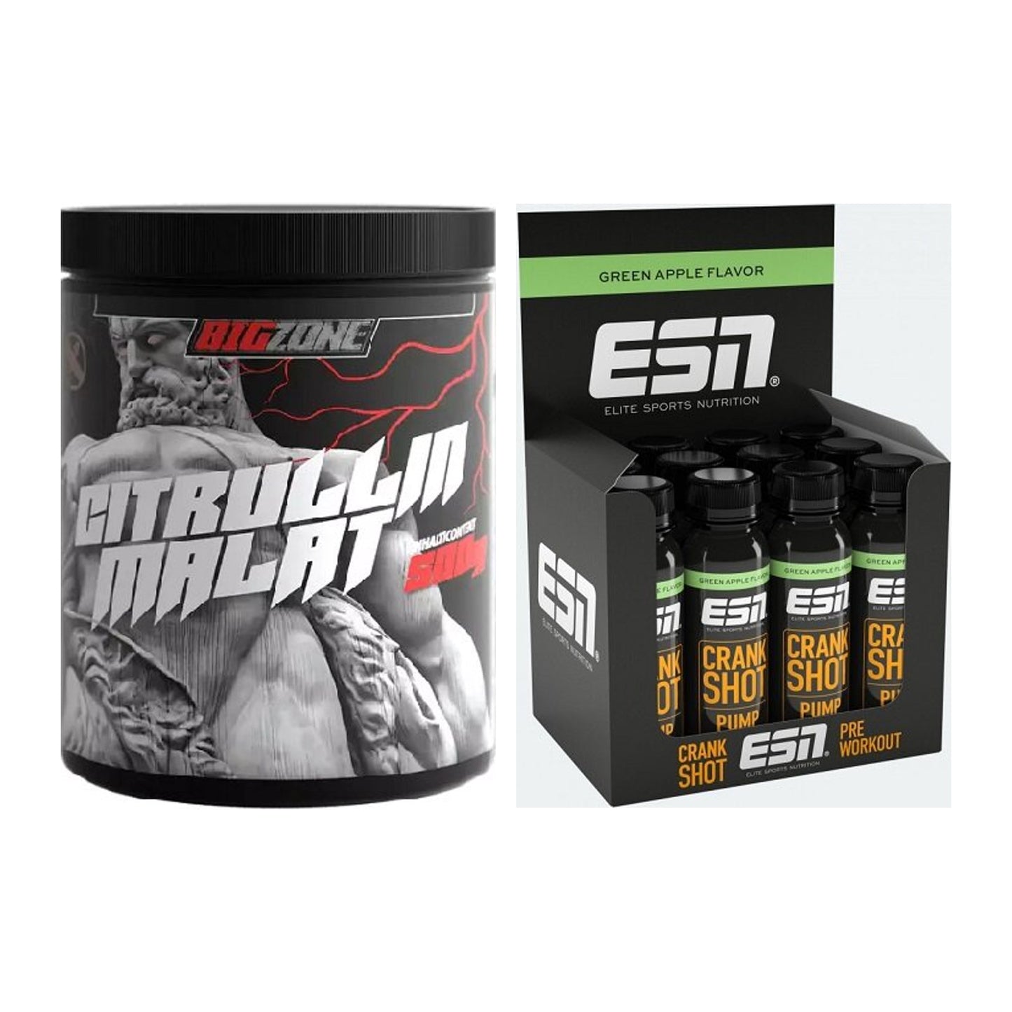 Pump-Set: Big Zone Citrullin Malat + ESN Crank Pump Shot 12x 95ml – alle enthaltenen Artikel