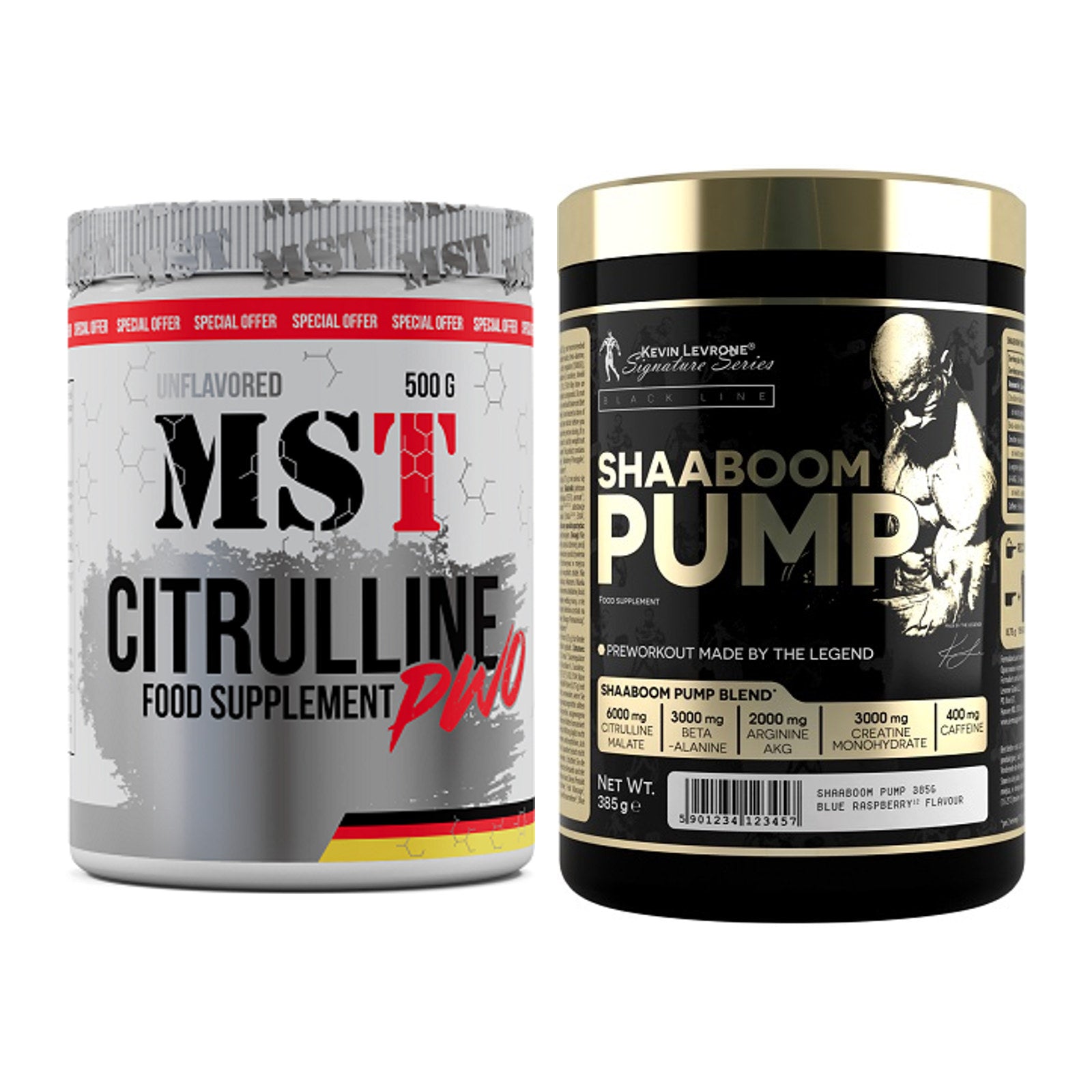 Pump-Set: MST Citrulline Malat 500g + Kevin Levrone Shaaboom Pump – alle enthaltenen Artikel