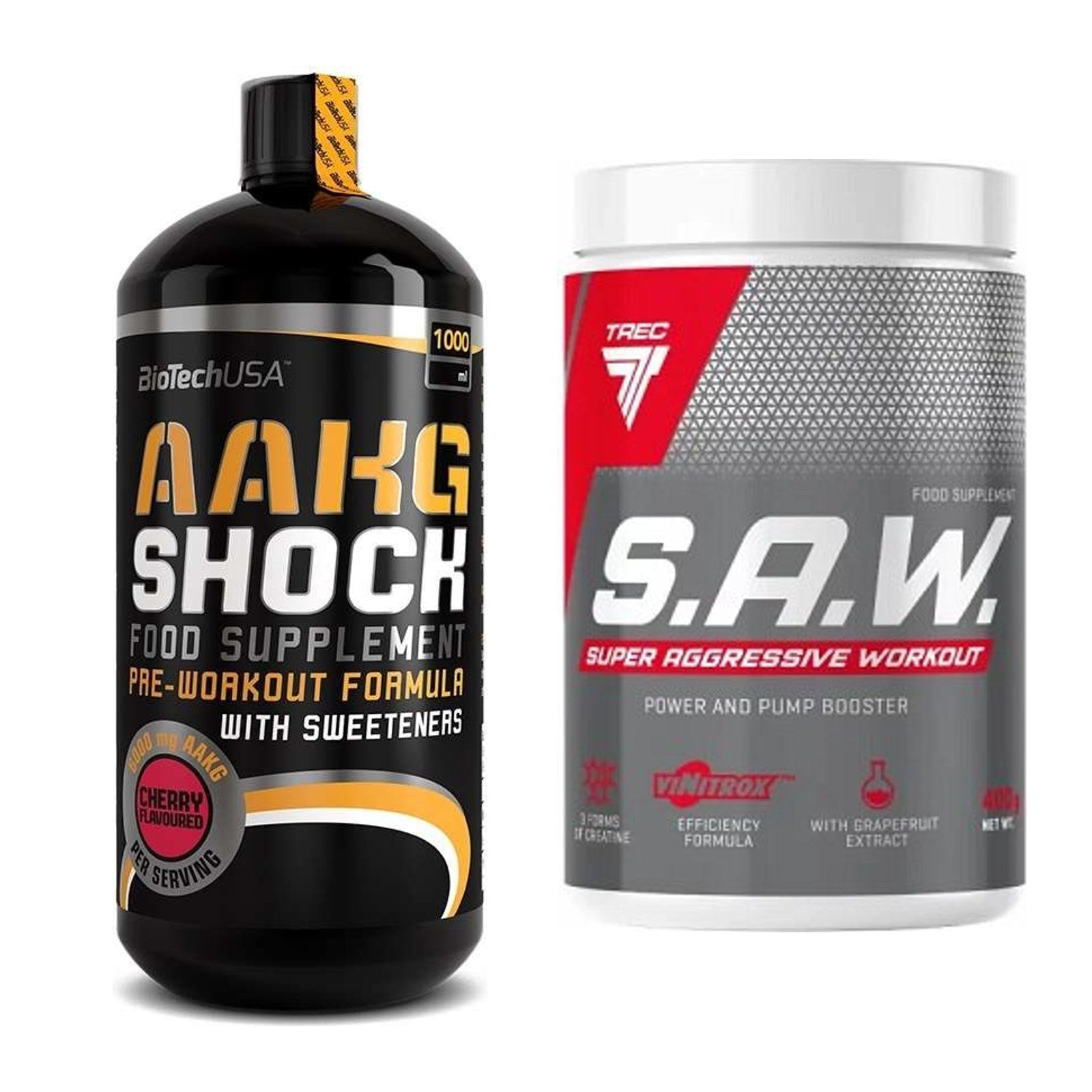 Pump-Set: BioTech AAKG Shock Extreme + Trec Nutrition SAW Booster – alle enthaltenen Artikel