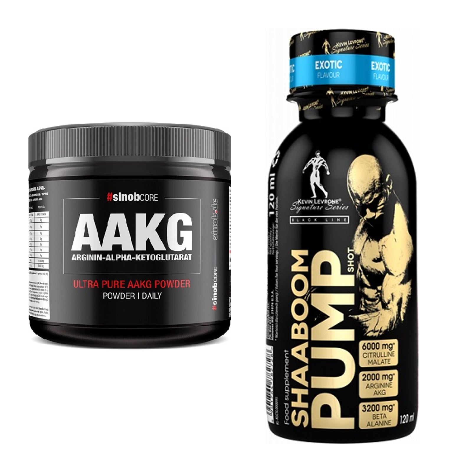 Pump-Set: Sinob Core Arginin AAKG + Kevin Levrone Shaaboom Pump – alle enthaltenen Artikel