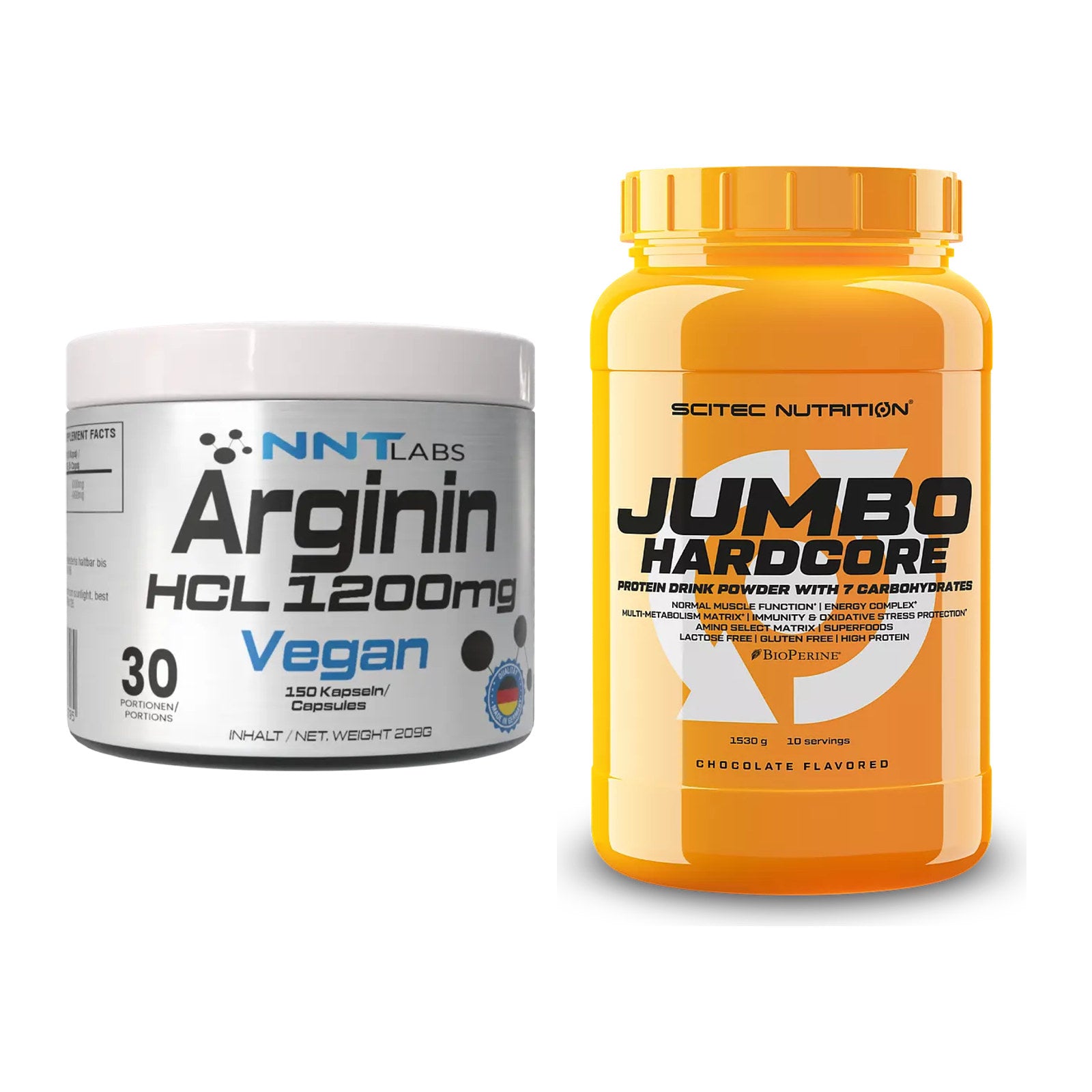 Pump-Set: NNT Arginin HCL 1200 mg + Scitec Jumbo Hardcore1530g – alle enthaltenen Artikel