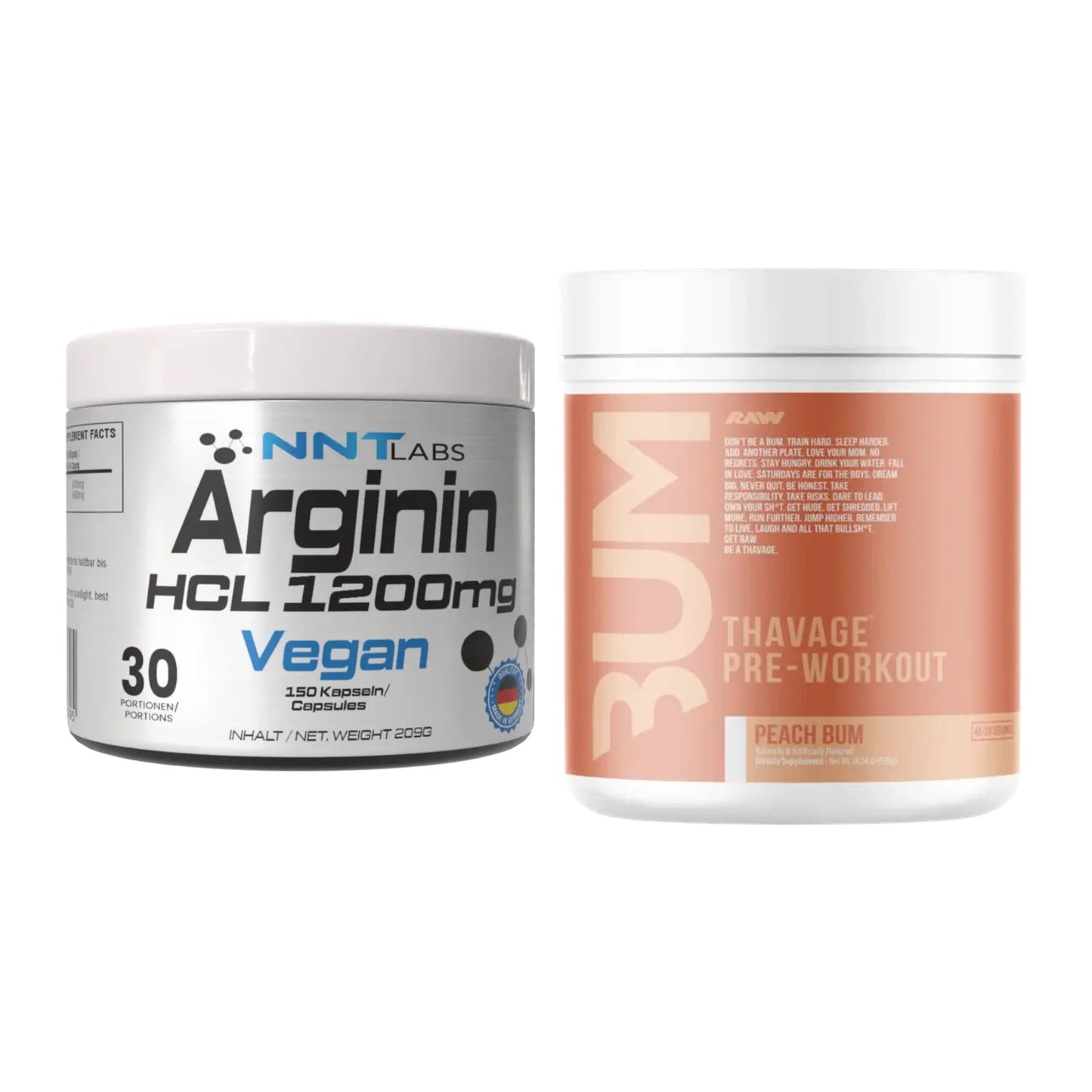 Pump-Set: NNT Arginin HCL 1200 mg + RAW Nutrition CBUM Thavage – alle enthaltenen Artikel