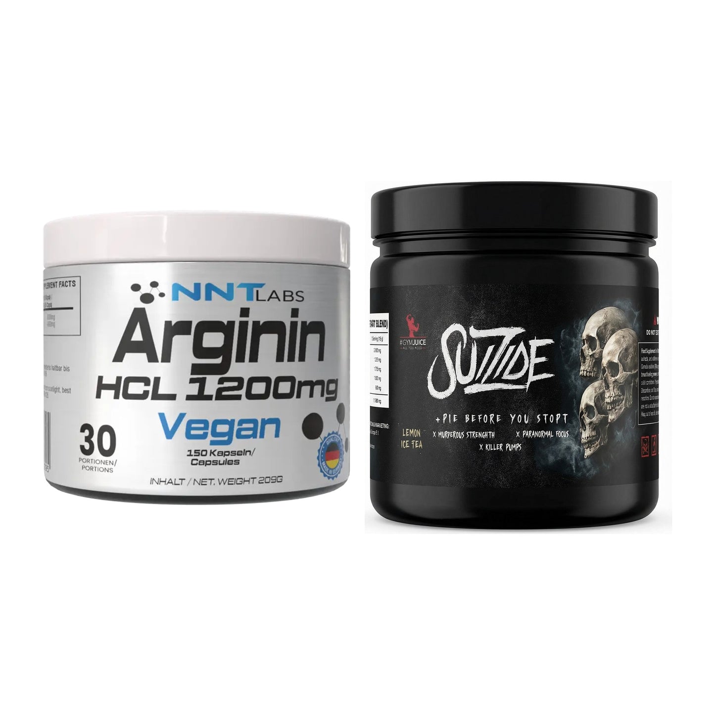 Pump-Set: NNT Arginin HCL 1200 mg + #GYMJUICE SUIZIDE Booster – alle enthaltenen Artikel