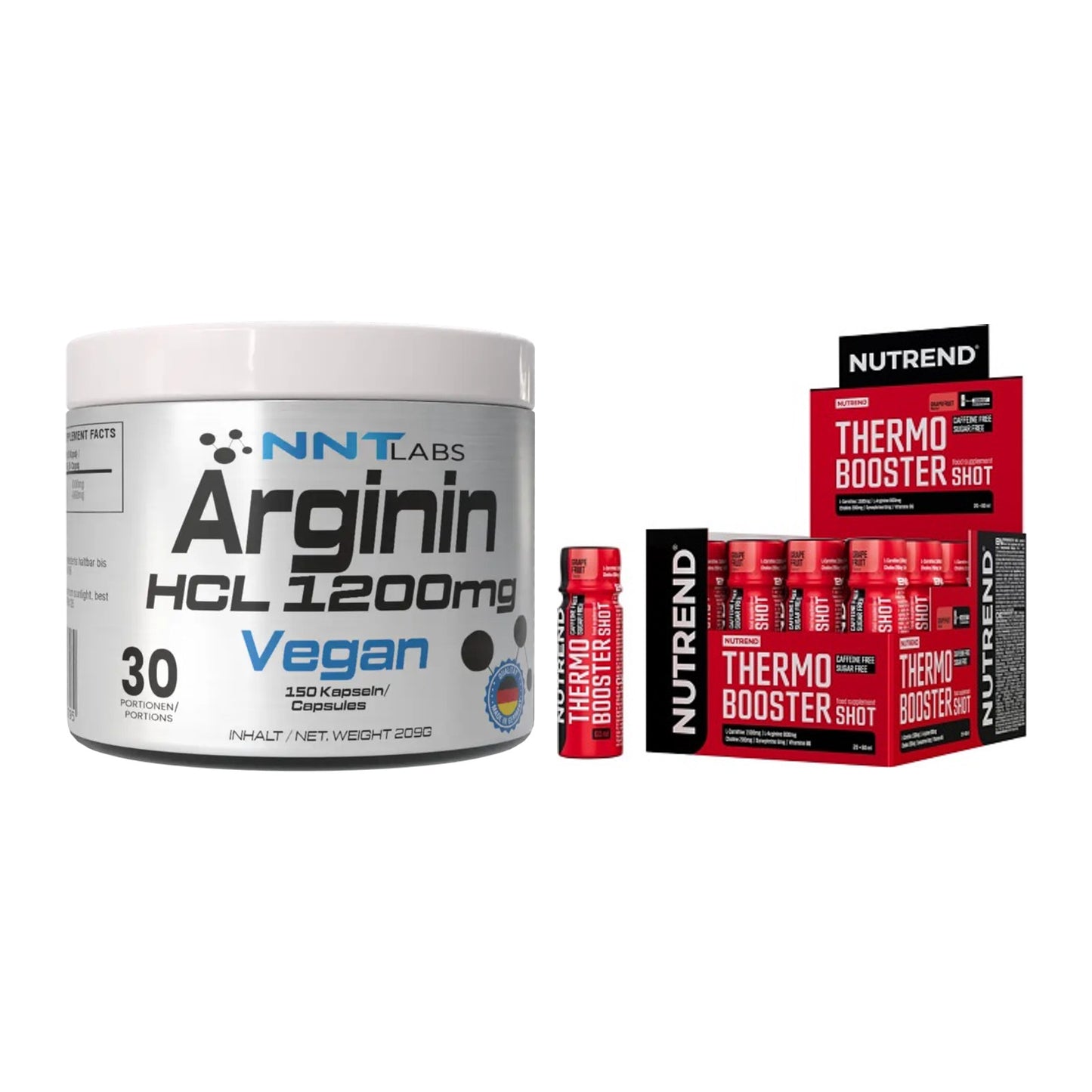 Pump-Set: NNT Arginin HCL 1200 mg + Nutrend Thermobooster Shot – alle enthaltenen Artikel