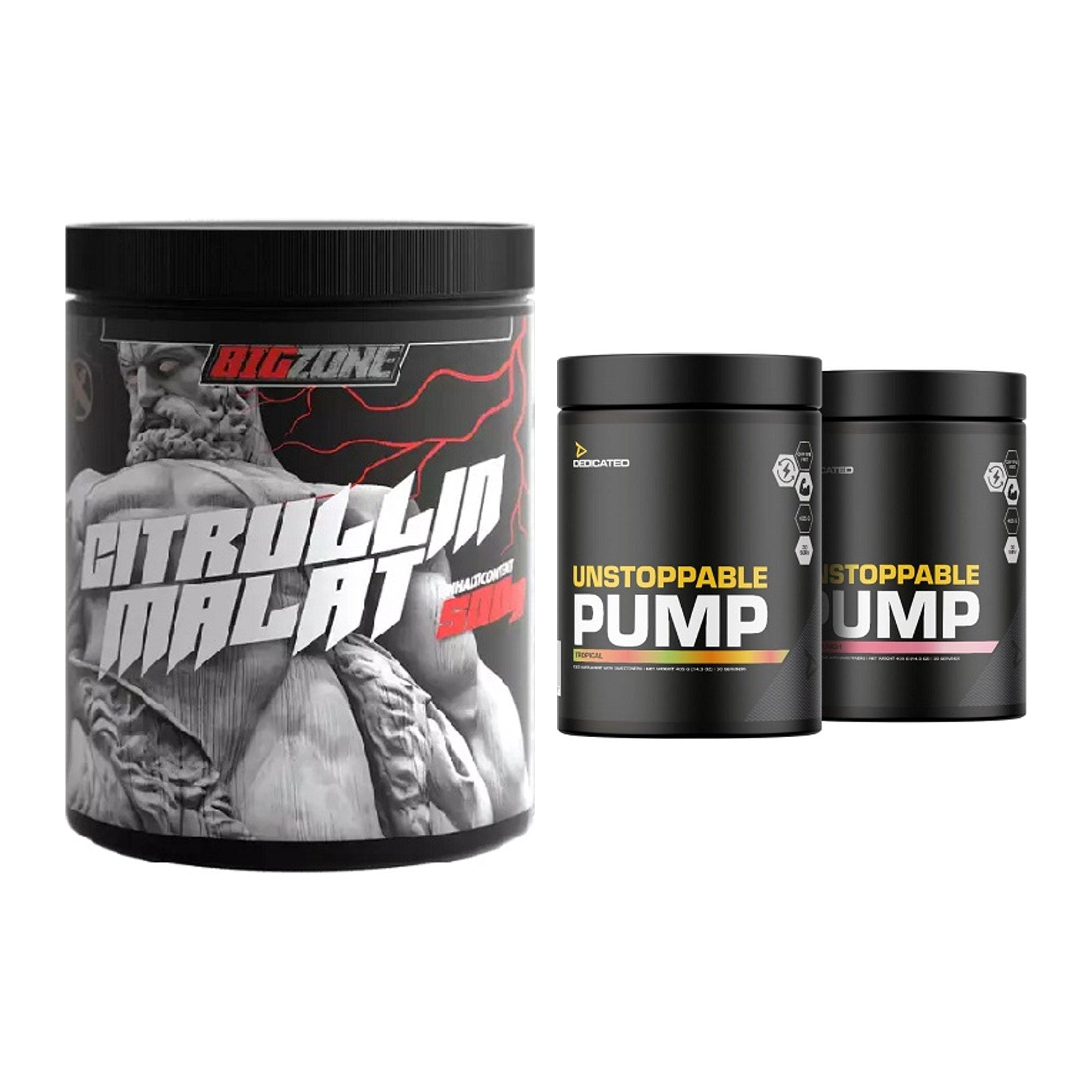 Pump-Set: Big Zone Citrullin Malat + Dedicated Unstoppable Pump – alle enthaltenen Artikel