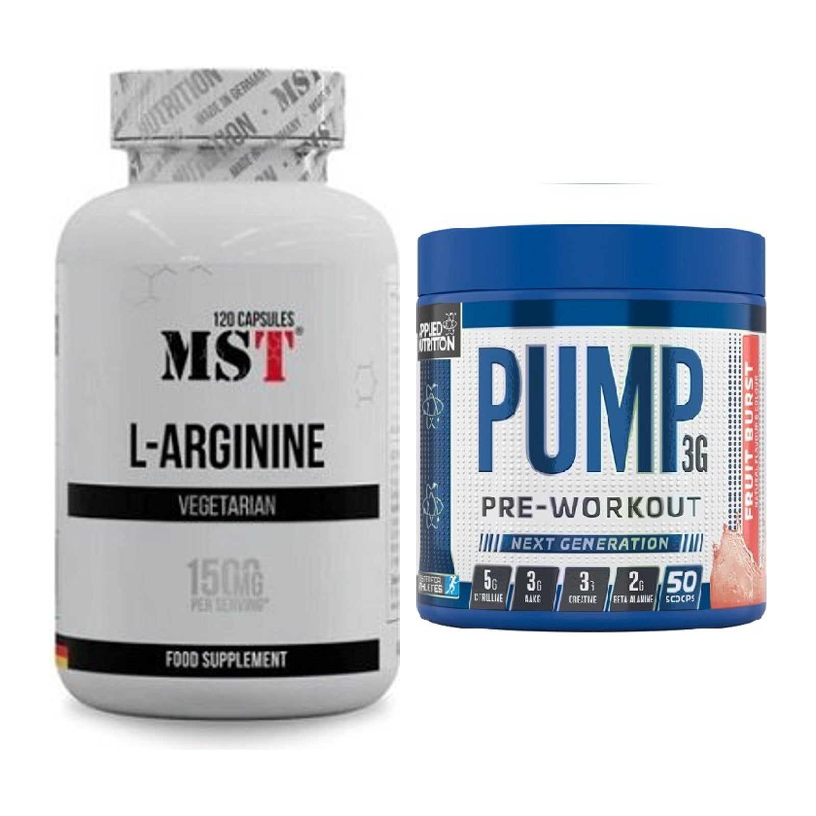 Pump-Set: MST L-Arginine 120 Kaps. + Applied Nutrition Pump 3G 375g – alle enthaltenen Artikel