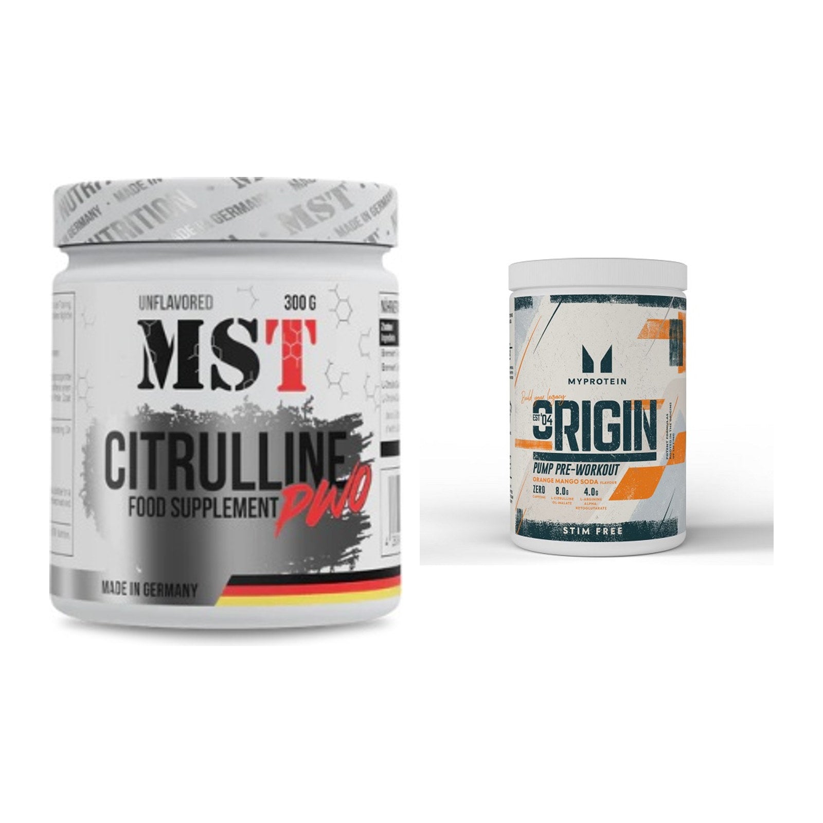 Pump-Set: MST Citrulline Malat 300g + MyProtein Origin Pump – alle enthaltenen Artikel